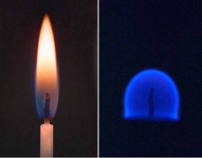 Z lewej - płomień na Ziemi. Z prawej - w warunkach mikrograwitacji. Fot. NASA