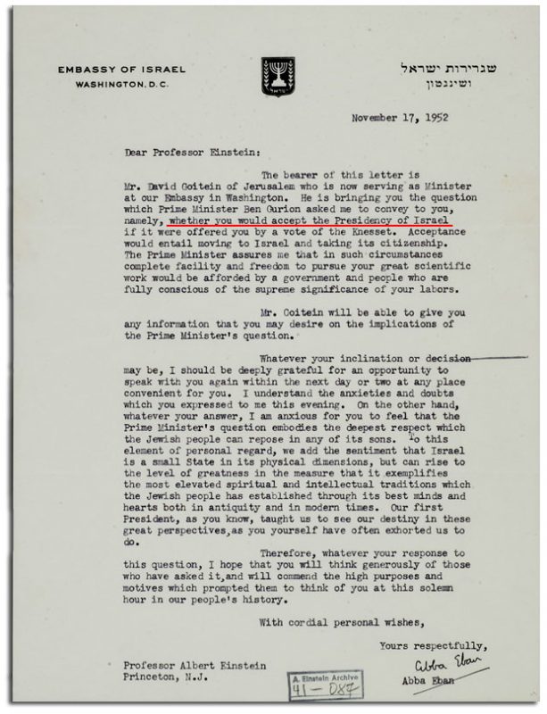 List, w którym premier Izraela proponuje Albertowi Einsteinowi, by został prezydentem Izraela.
