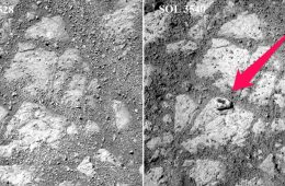 Tajemnicze pojawienie się kamienia na Marsie. Zdjęcie po prawej zrobione jest w 12 dni po tym z lewej - widać kamień, który wziął się nie wiadomo skąd. Fot. NASA