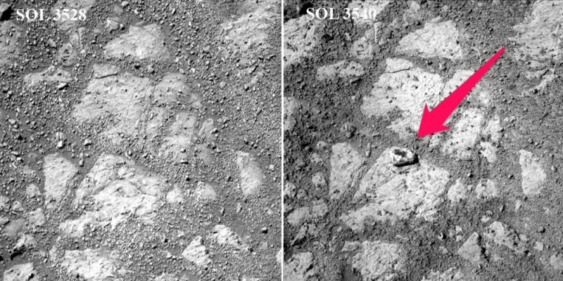Tajemnicze pojawienie się kamienia na Marsie. Zdjęcie po prawej zrobione jest w 12 dni po tym z lewej - widać kamień, który wziął się nie wiadomo skąd. Fot. NASA