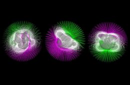 Zmiany pola magnetycznego Słońca. Obrazy ze stycznia 1997, czerwca 2003 i grudnia 2013. Kolor zielony oznacza ładunek dodatki, fioletowy - ujemny. Fot. NASA