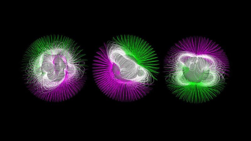 Zmiany pola magnetycznego Słońca. Obrazy ze stycznia 1997, czerwca 2003 i grudnia 2013. Kolor zielony oznacza ładunek dodatki, fioletowy - ujemny. Fot. NASA 