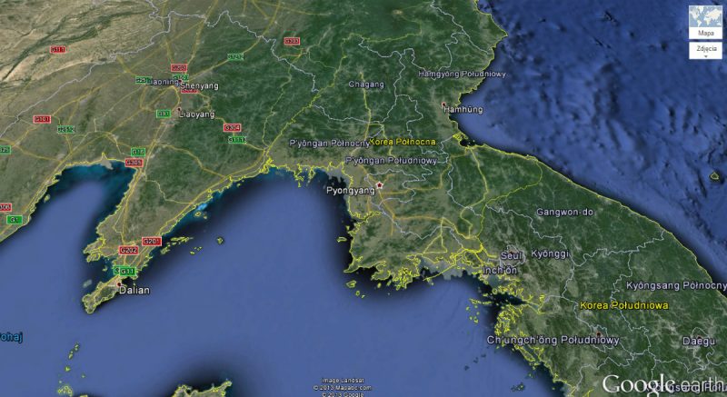 Tak wygląda Półwysep Koreański na mapach Google'a. Fot. Google Earth