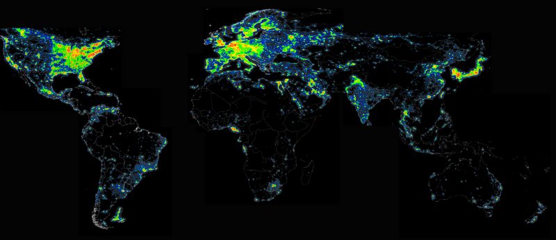 Mapa świata pokazująca zanieczyszczenie światłem. Autorzy: P. Cinzano, F. Falchi, C. D. Elvidge; Royal Astronomical Society