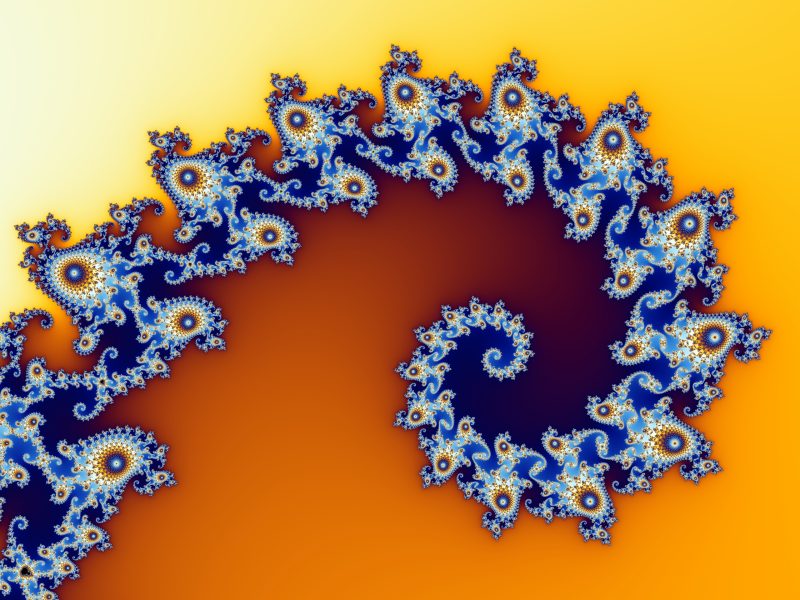 zbiór Mandelbrota, którego brzeg jest jednym ze sławniejszych fraktali, również odwzorowuje spiralę logarytmiczną. Źródło: Wikimedia