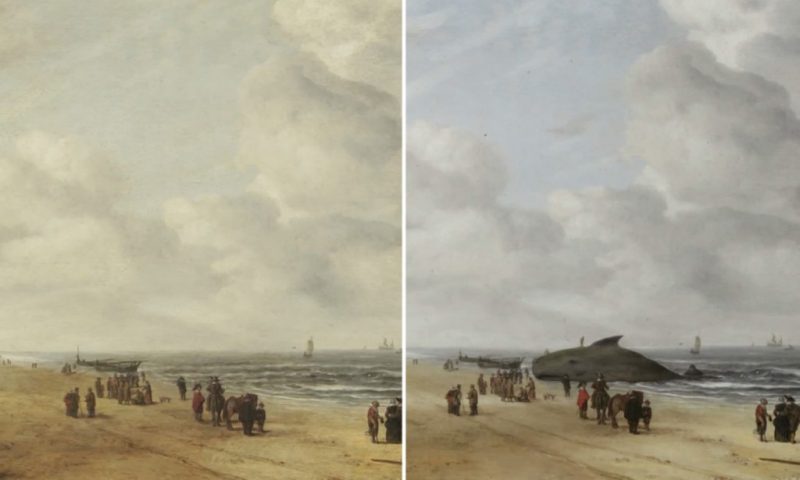 Widok plaży w Hadze pędzla Hendricka Anthonissena z 1641 roku z ukrytym na nim martwym wielorybem.