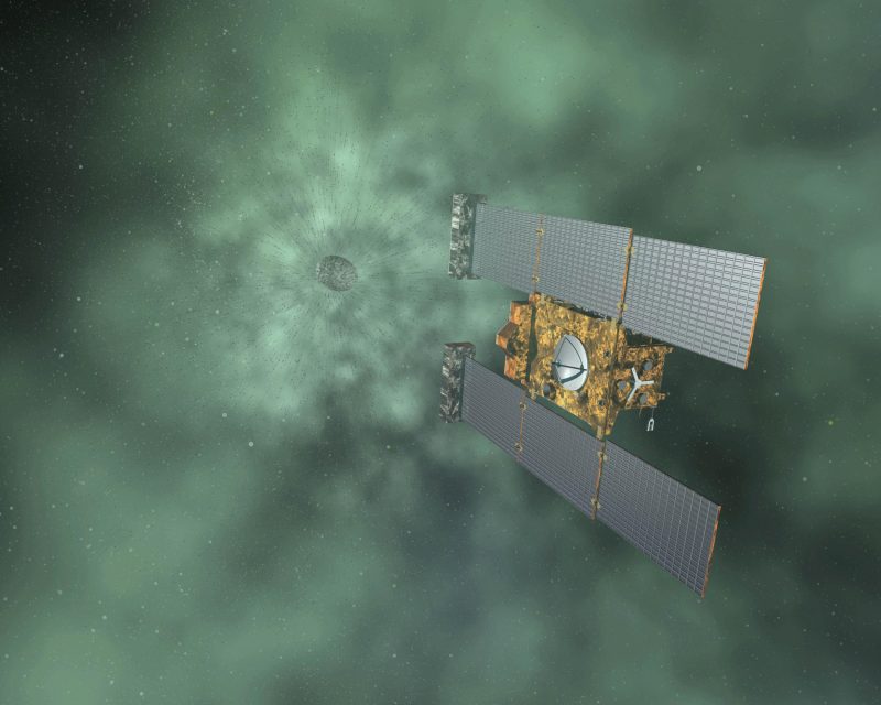 Wizualizacja momentu pobierania próbek z komety Wild 2 przez sondę Stardust. Rys. NASA