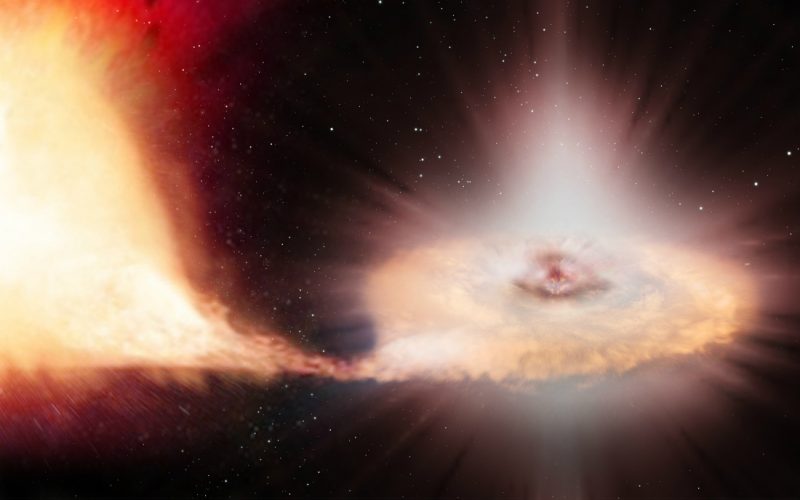 Wizja artystyczna supernowej będącej eksplozją w układzie podwójnym gwiazd: białego karła i zwykłej gwiazdy. Źródło: ESA/ATG medialab/C. Carreau