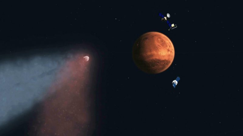 Kometa Siding Spring, Mars i schowane za nim orbitery: Mars Express (ESA) oraz MAVEN i Mars Reconnaissance Orbiter (NASA). Rys. NASA/JPL
