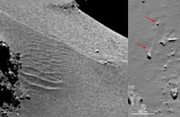 Region Hapi - widoczne po lewej struktury przypominające wydmy, po prawej - ślady działania wiatru. Fot. ESA/Rosetta/MPS for OSIRIS Team MPS/UPD/LAM/IAA/SSO/INTA/UPM/DASP/IDA