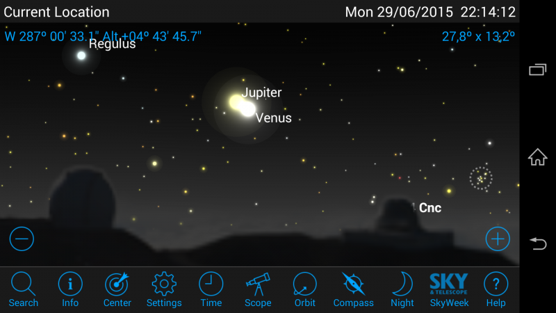Koniunkcja Jowisza i Wenus 29 czerwca 2015. Zdjęcie ze SkySafari 4 Plus