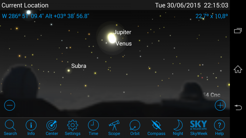 Koniunkcja Wenus i Jowisza - 30 czerwca znajdą się tak blisko siebie że - oglądane głoym okiem - zleją się w jeden punkt.   Zdjęcie ze SkySafari 4