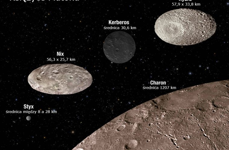 Księżyce Plutona i ich rozmiary. Rys. NASA, ESA, M. Showalter (SETI Institute), and G. Bacon (STScI)