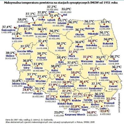 Maksymalne tempertaury powietrza w stacjach synoptycznych IMGW od 1951 roku. Rys. Jarosław Lewandowski/meteomodel.pl