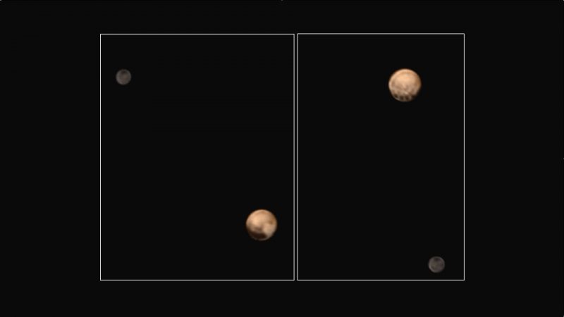 Dwie półkule Plutona sfotografowane przez New Horizons 25 i 27 czerwca. Po prawej stronie widać dziwne, regularne plamy. Fot. NASA/Johns Hopkins University Applied Physics Laboratory/Southwest Research Institute [KLIKNIJ BY POWIĘKSZYĆ]