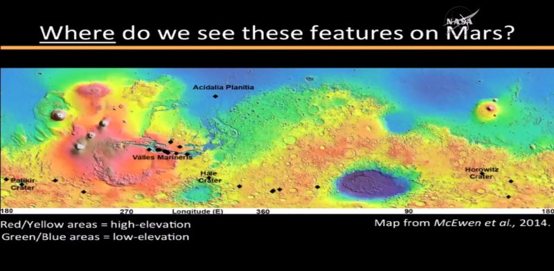 Miejsca, w których odkryto na Marsie ciekłą wodę oznaczono czarnymi kwadratami. Fot. NASA