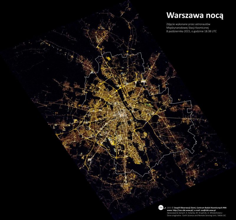 Zdjęcie Warszawy z Międzynarodowej Stacji Kosmicznej. FOt. NASA, opracowanie Zespół Obserwacji Ziemi CBN PAN