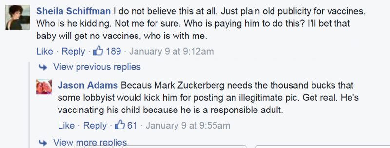Trafna odpowiedź: "Ponieważ Mark Zuckerberg totalnie potrzebuje tych kilku tysięcy dolców, które jacyś lobbyści podrzuciliby mu za to zdjęcie. Obudź się. Szczepi swoje dziecko, bo jest odpowiedzialnym dorosłym."