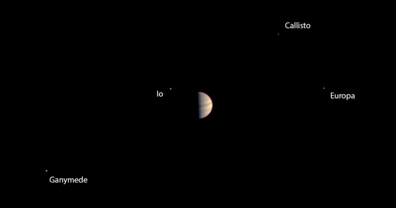 Jowisz wraz z czterema Galileuszowymi księżycami sfotografowany przez zbliżającą się do niego sondę Juno. Fot. NASA