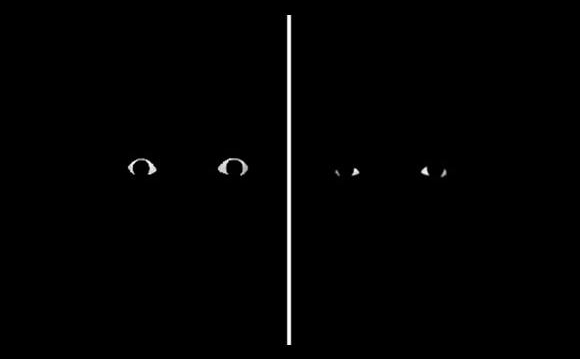Mózg dużo silniej reaguje na oczy rozszerzone strachem (z lewej) niż na zwężone oczy wyrażające zadowolenie (z prawej). Źródło: Science