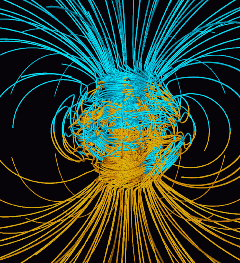 Komputerowa symulacja linii pola magetycznego Ziemi. Źródło: Dr. Gary A. Glatzmaier - Los Alamos National Laboratory - U.S. Department of Energy / Wikimedia