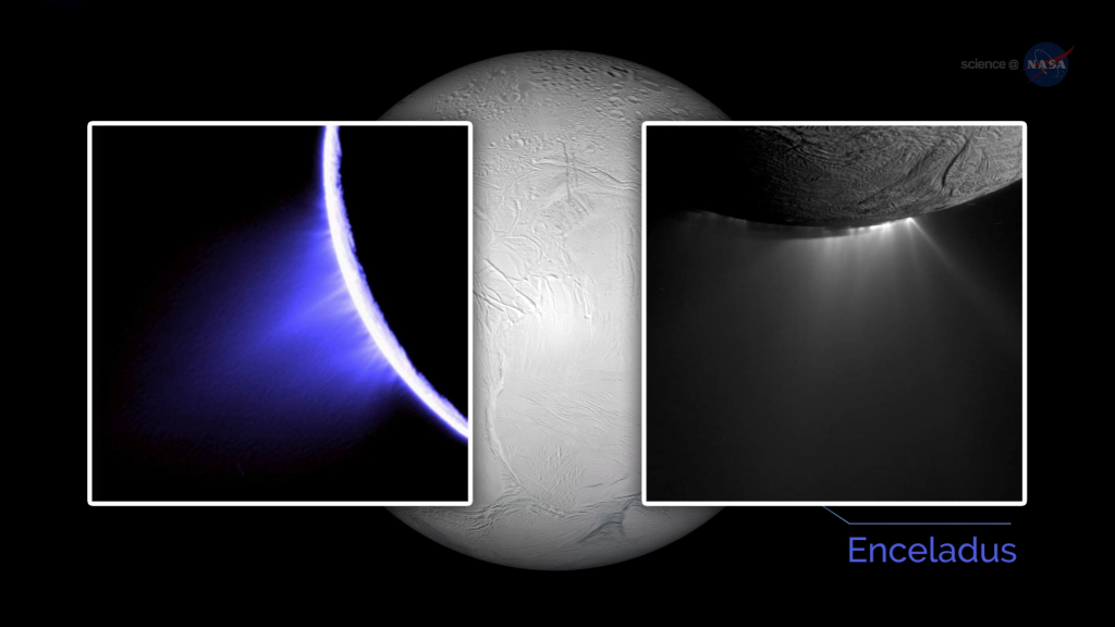 Enceladus i gejzery na jego powierzchni. Fot. NASA
