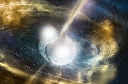 Wizualizacja zderzenia dwóch gwiazd neutornowych. Rys. NSF/LIGO/Sonoma State University/A. Simonnet