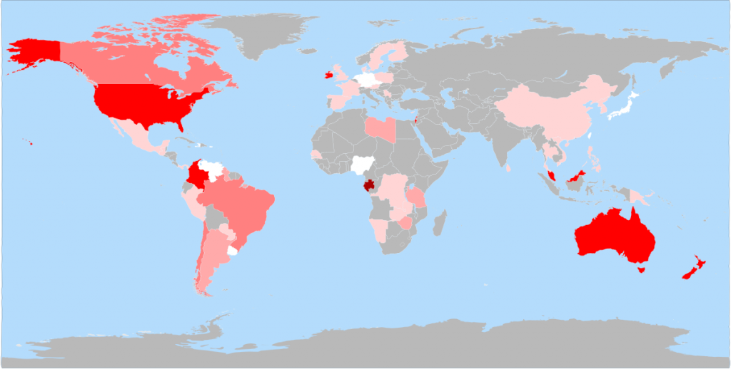 Ryc. 1. Fluoryzacja wody (zarówno naturalna, jak i sztuczna) w państwach świata (odsetek populacji mającej dostęp do wody pitnej zawierającej zalecane stężenie fluoru): Wiki Commons